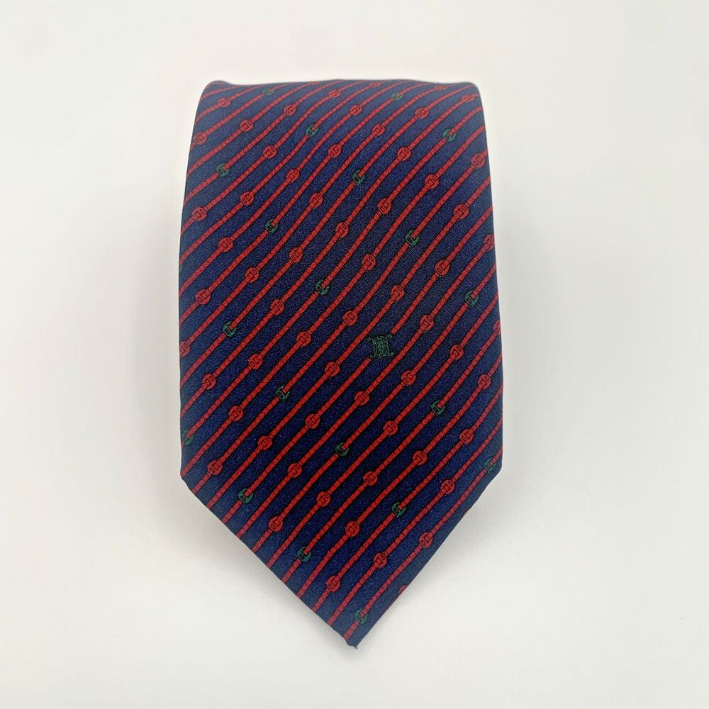 Celine Paris Men’s Silk Tie Navy Red Key Motif Diagonal Stripe Classic Vintage
